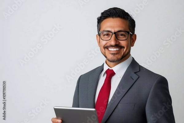 Fototapeta Happy mature Indian American 50s businessman holding digital tablet standing isolated on white background, smiling busy sales professional ethnic man corporate leader working on pad device.