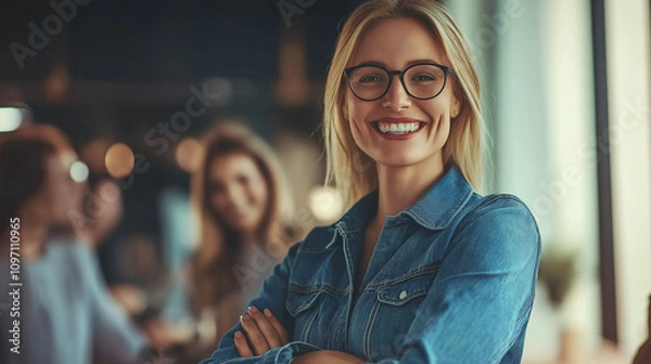 Obraz business woman in blue jeans shirt standing in an office smiling into the camera with arms crossed