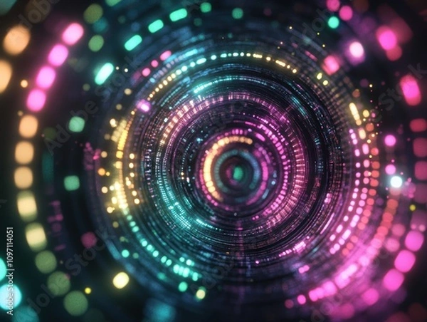 Fototapeta Abstract digital vortex with vibrant colors and glowing lights.