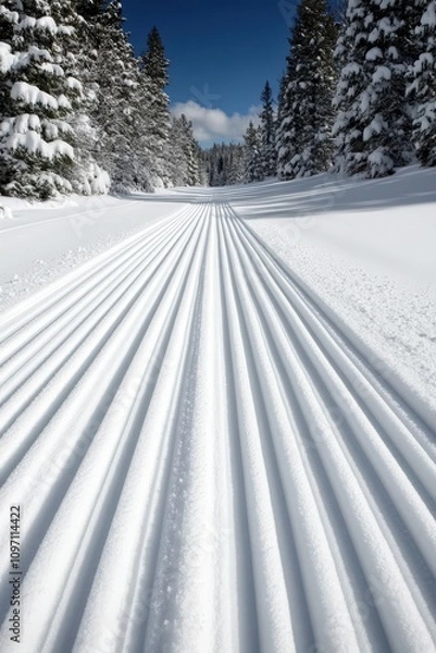 Fototapeta Snow-covered trail in a winter forest under clear blue sky
