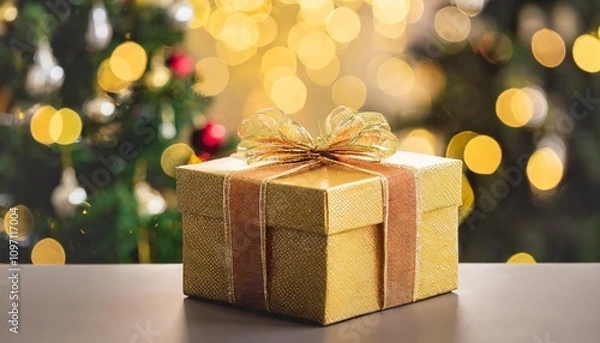 Fototapeta Festive gift box on table with blurred Christmas tree and warm golden bokeh lights in the background, creating a cozy and elegant holiday atmosphere perfect for seasonal celebrations.