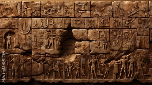 Fototapeta Ancient undeciphered symbols blending Sumerian, Babylonian, and Egyptian scripts on weathered stone walls.
