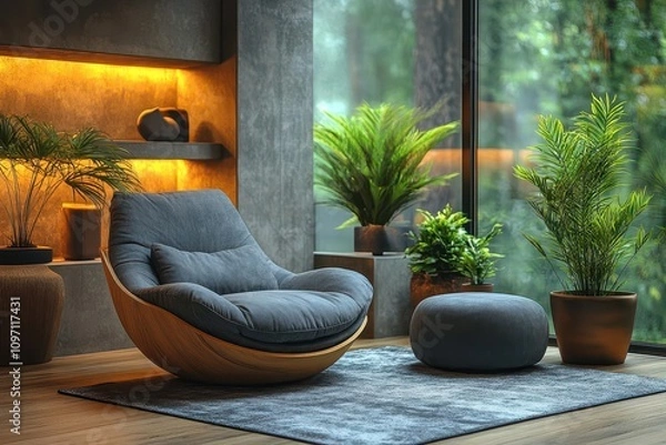 Fototapeta sleek, modern living space featuring a sophisticated lounge area with soft, ambient lighting, minimalistic furniture, and a lush indoor plant adding a touch of nature