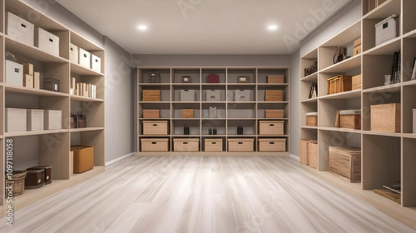 Fototapeta Simple Basement Room with Shelves and Storage Boxes.illustration