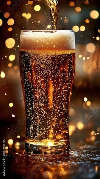 Fototapeta Craft beer poured into a glass with bubbles under warm lighting and blurred background