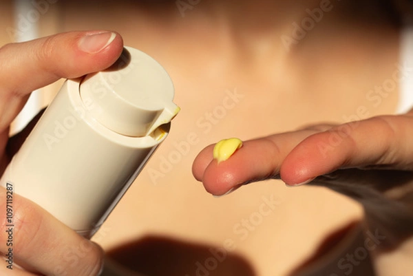 Fototapeta Closeup of person applying retinal serum.