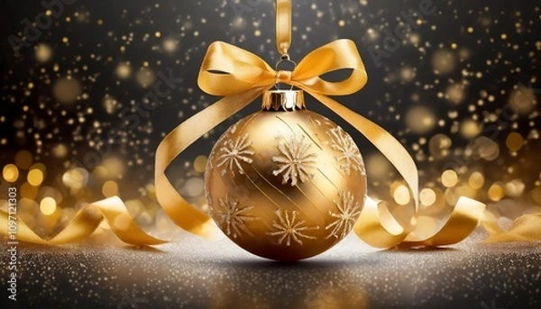 Fototapeta Elegant Gold Christmas Ball with Ribbon and Bow Isolated on White Background - A Perfect Festive Ornament for Holiday Decor, Celebrations, and Seasonal Design Projects