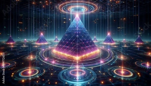 Fototapeta 3D holographic pyramids with glowing bases, floating over an endless grid