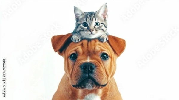 Fototapeta Adorable Puppies, Cat, Posing for Camera