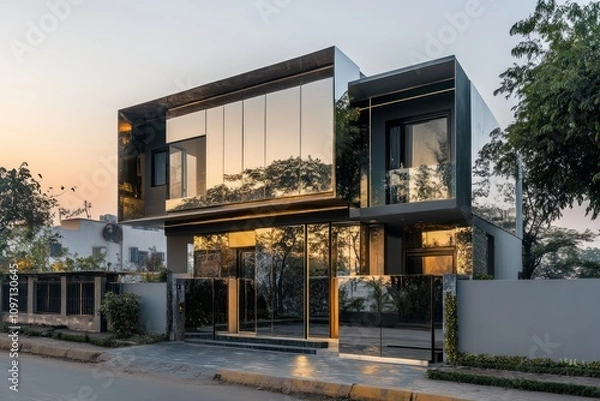 Obraz Contemporary home elevation with a reflective mirror facade and concealed windows, overcast morning.