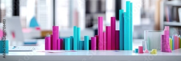 Fototapeta A colorful bar graph representing data analysis in a modern workspace.