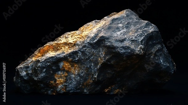Fototapeta A dark gray rock with streaks of gold, illuminated against a black background. The contrast between the dark and light creates a dramatic visual effect.