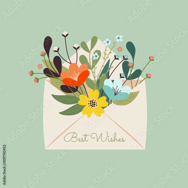 Obraz a card with flowers and a card that says "best wishes". Mother's day, women's day gift. Hand-drawn trendy letter with flowers inside. Modern greeting concept. Beautiful floristics. Botanical elements.