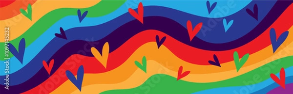 Obraz Bright Colorful Abstract Hearts and Rainbow Waves on Background – Pop Art Style Vector Pattern for Love, Pride and Celebration Theme