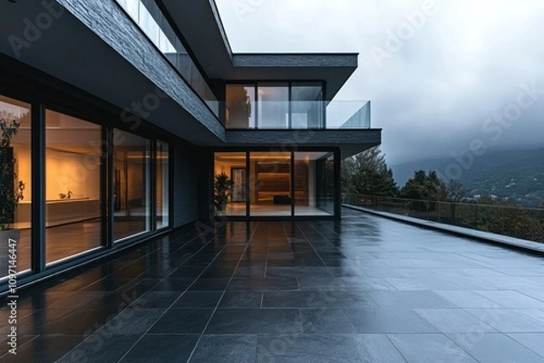 Obraz Modern house facade featuring dark slate tiles and floor-to-ceiling windows, under an overcast sky.