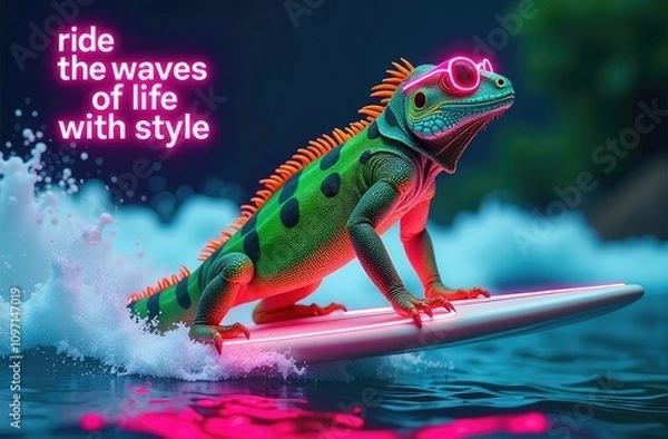 Fototapeta Lizard surfing on a neon board with sunglasses in a vibrant ocean wave setting