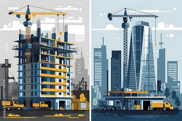Fototapeta Modern construction site with cranes and skyscrapers under development

