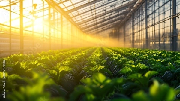 Fototapeta Sunlit Greenhouse with Vibrant Lush Vegetables Illuminated by Warm Sunset Glow : Generative AI