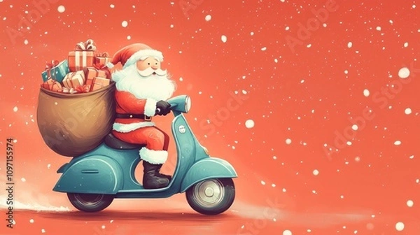 Fototapeta Santa Claus riding a scooter with a sack of brightly wrapped presents against a red snowy backdrop. Concept of holiday joy, festive delivery, and Christmas celebration.