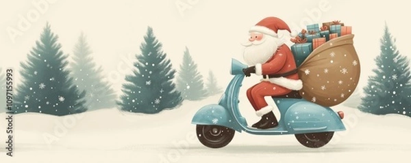 Fototapeta Santa Claus on a scooter carrying a sack full of colorful presents in a snowy evergreen forest. Concept of festive cheer, holiday delivery, and Christmas magic.