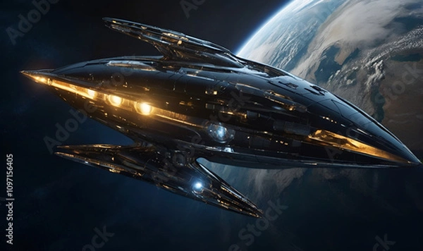 Fototapeta A spaceship hovers above the Earth with a sleek design.