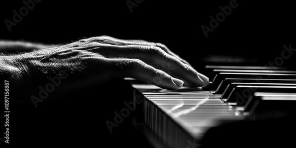 Fototapeta Close-up of hands playing piano keys, captured in high-contrast black and white, highlighting texture, emotion, and musical expression.
