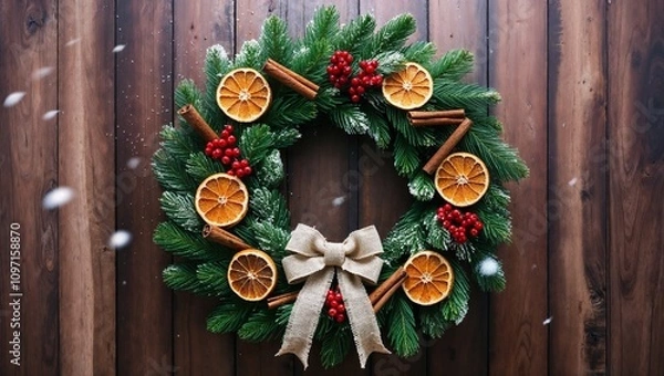 Fototapeta Rustic Christmas Wreath with Pine, Berries, and Burlap Bow