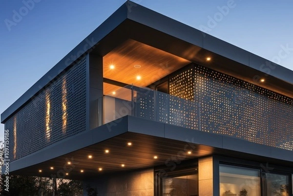 Obraz Ultra-modern home front with a perforated metal facade and recessed lighting, clear night sky.