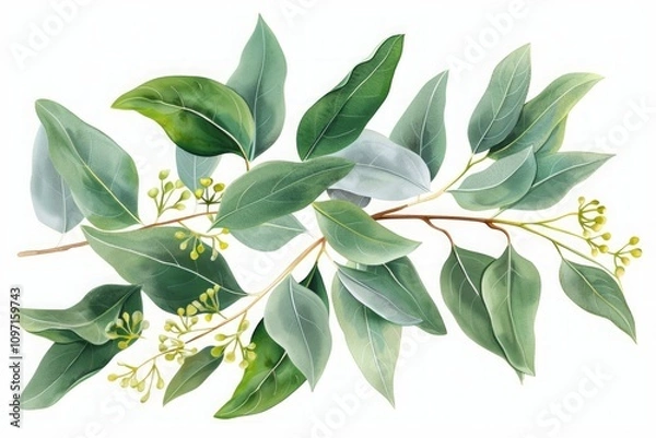 Fototapeta Eucalyptus branches with green leaves and buds in a botanical watercolor style. Detailed botanical illustration for design and print.  Ayurveda, ayurvedic herbs, Generative AI