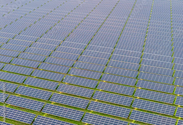 Obraz Expansive solar panel field harnessing renewable energy in bright daylight