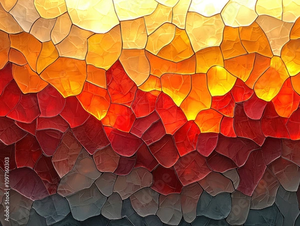 Fototapeta Radiant mosaic inspired by nature, blending fiery reds and warm yellows into a seamless glowing pattern.