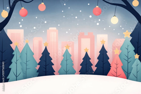 Fototapeta Festive Christmas Cityscape with Snow and Decorated Trees, Winter Wonderland Illustration