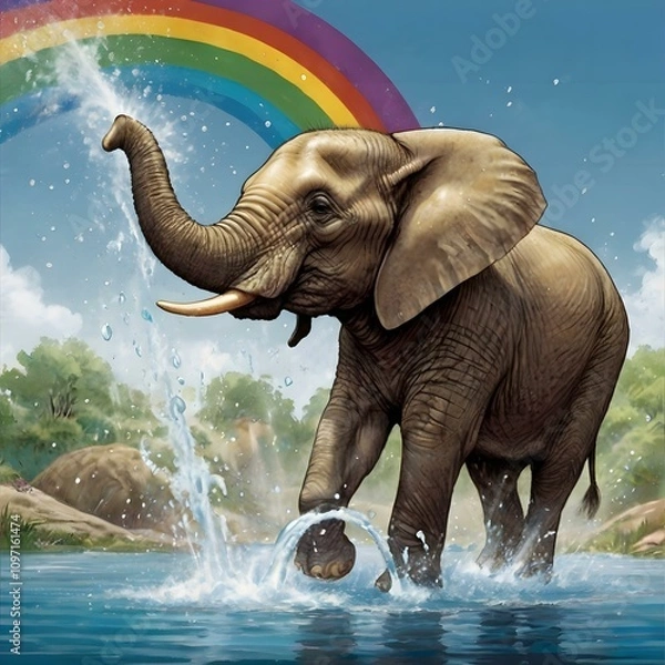 Obraz Happy Elephant with Rainbow