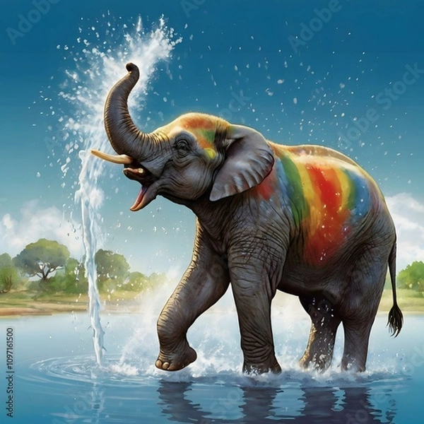 Obraz Happy Elephant with Rainbow