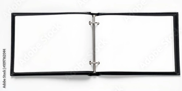 Fototapeta Open vertical photo album mockup with black leather cover and blank white pages for showcasing images, vertical, layout, photography