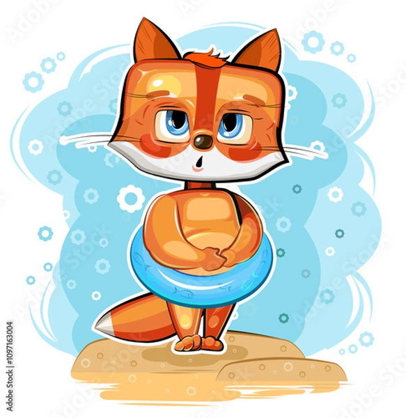 Fototapeta Little fox on beach. Animal isolated on white background. Sticker. Fun cartoon style. Vector