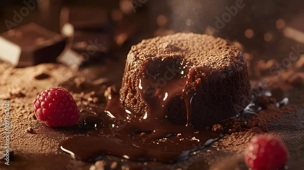 Fototapeta Capturing the Essence of a Vegan Molten Chocolate Cake in a Warm Setting with Rustic Elegance and Close-up Detail