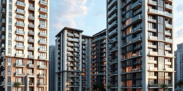Fototapeta A modern apartment highlighted on a luxury condo building in the city, real estate, architecture