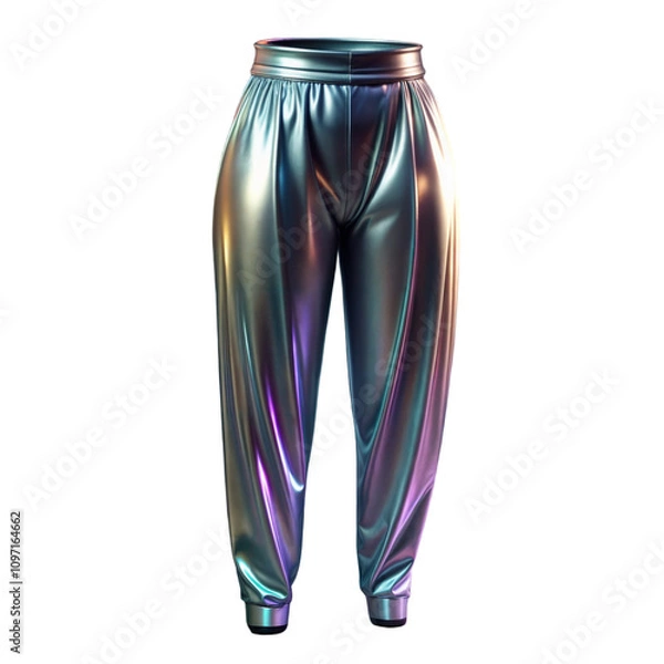 Fototapeta A pair of high waisted jogger pants with a glossy, iridescent finish in blue, purple, and silver hues, set against a plain black background.