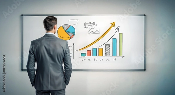 Fototapeta Businessman analyzing growth strategies on a whiteboard with graphs and charts