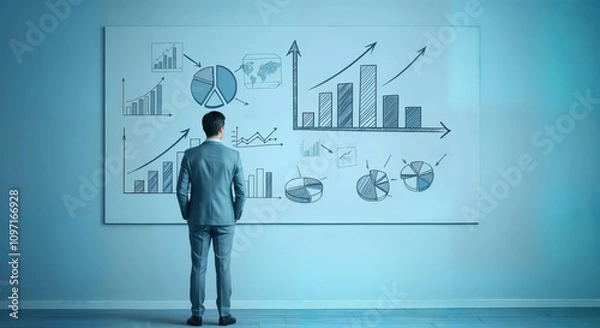 Fototapeta Businessman analyzing data on whiteboard with graphs and charts in modern office setting