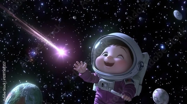 Fototapeta A joyful child in a spacesuit reaches for a shooting star amidst a colorful galaxy.