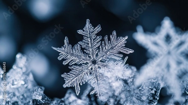 Fototapeta Delicate snowflakes captured in stunning macro detail on a cool-toned black background, winter background macro snowflakes