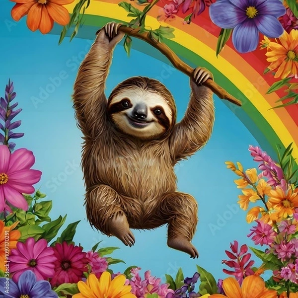 Obraz Happy Sloth with Rainbow