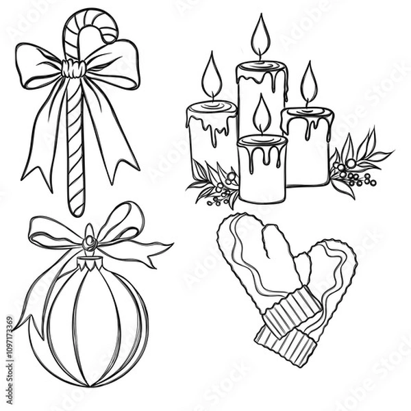 Obraz Christmas new year stickers in cartoon style. Holiday Christmas Sticker Set Free Hand Drawn