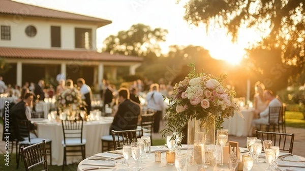 Obraz Outdoor Event with Tables and Floral Centerpieces at Sunset