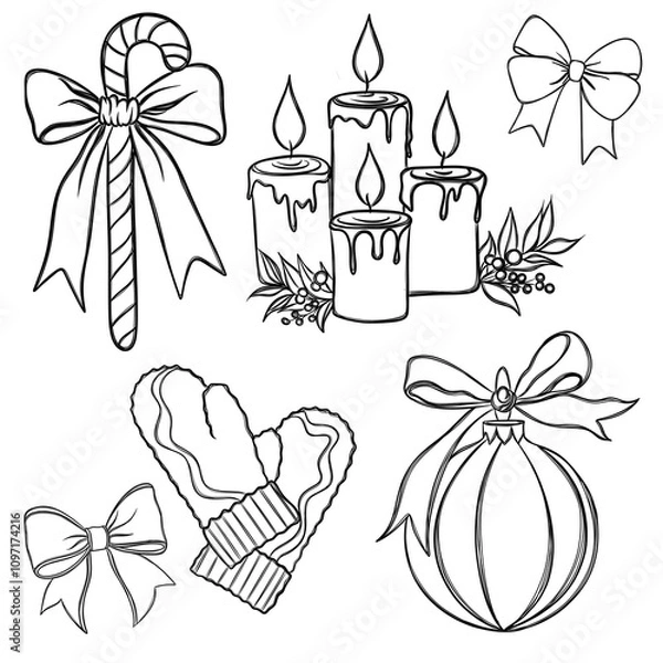 Obraz Christmas new year stickers in cartoon style. Holiday Christmas Sticker Set Free Hand Drawn