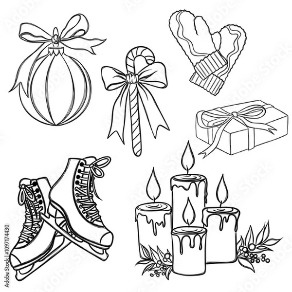Obraz Christmas new year stickers in cartoon style. Holiday Christmas Sticker Set Free Hand Drawn