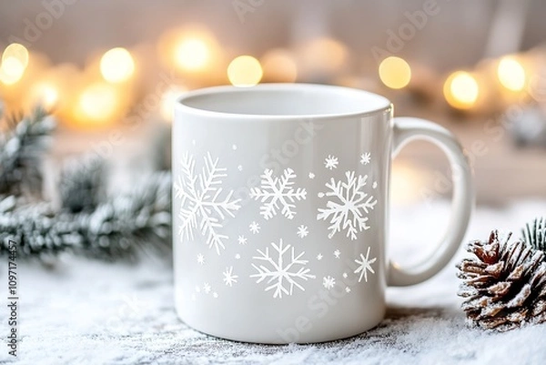 Fototapeta Cozy winter concept with snowflake mug and warm lights