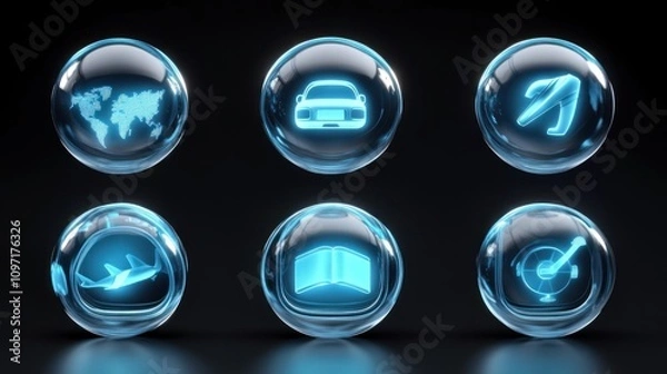 Fototapeta Six Glass Globes Displaying Transportation And Travel Icons